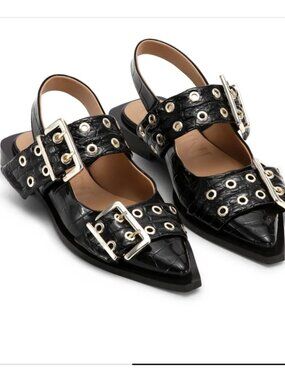 NEW Ganni Croc embossed faux leather balleria flat shoes black 36 or 6 USA
